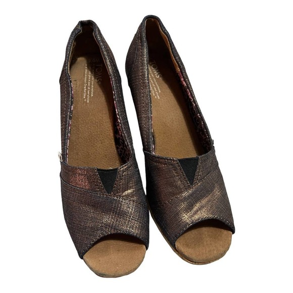 Toms Women's Metallic Copper Calypso Peep Toe Wedge Shoe Size 9.5W - Picture 11 of 13